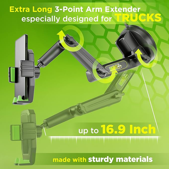 Phone Mount for Truck Phone Holder for Truck - Heavy Duty Super Suction Cup, Mobile Device Holder Dashboard Window 16.9 inch Long Arm & Stable, iPhone & Samsung Compatible, Big Rig Trucker, Green