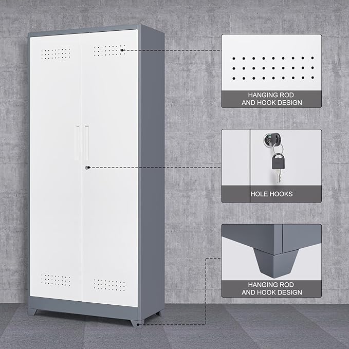 GREATMEET 72.8" Broom Storage Cabinet, Utility Cabinets for Brooms and Mops, Metal Storage Cabinets for Cleaning Supplies, Utility Closet for Garage, Grey&White