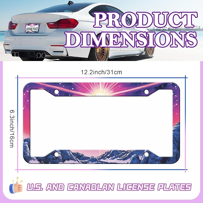 Sunset Mountain Anime License Plate Frames - 2 Pack Magic Colorful Stainless Steel License Plate Holder,Rust-Proof Waterproof Car Decorative Tag Frame with Screws Fasteners Caps