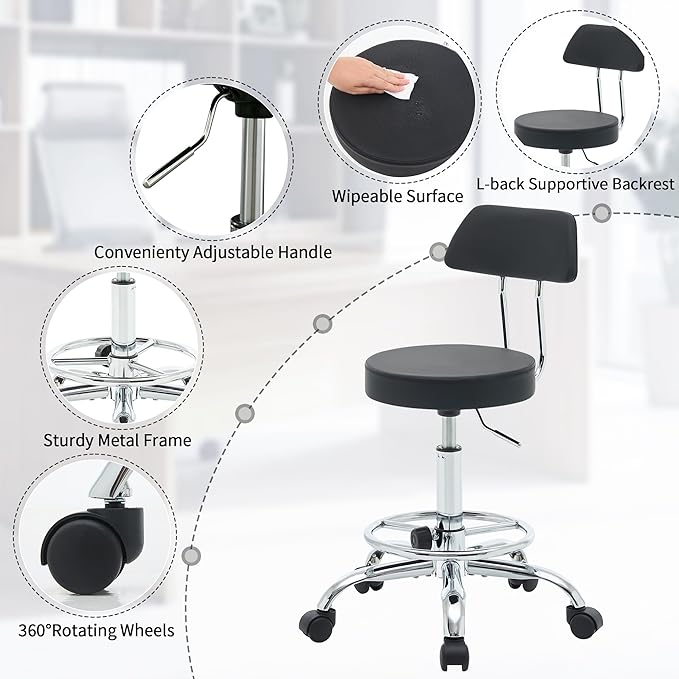 Office Chair with Back (Adjustable Height Posture Stool 19.5’’-26.6’’)(Drafting Chair on Wheels) Work Stool with Footrest (Black)
