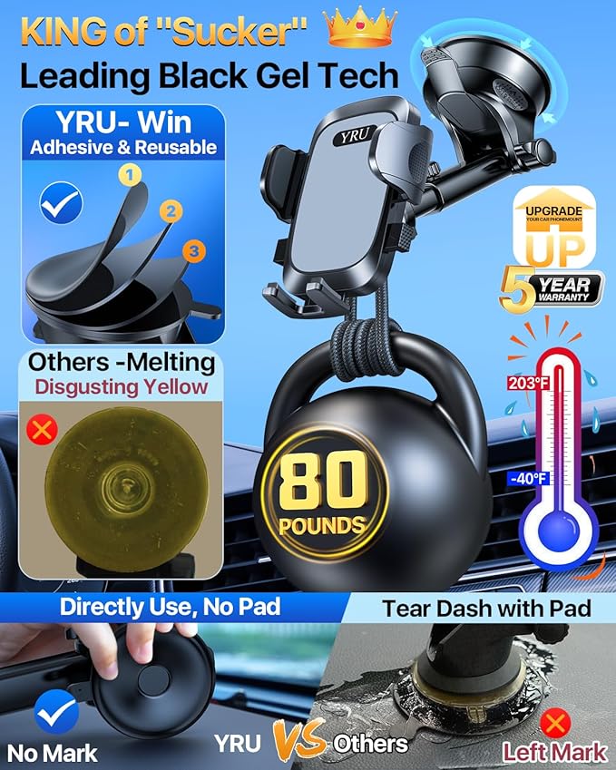 YRU [2025 Upgrade Extreme Strong Suction] Car Phone Holder Mount,[Bumpy Road Stable] Dashboard Cell Phone Holder for Car Vent Windshield Phone Stand for iPhone 16 15 14 13 Pro Max Samsung Truck, Grey