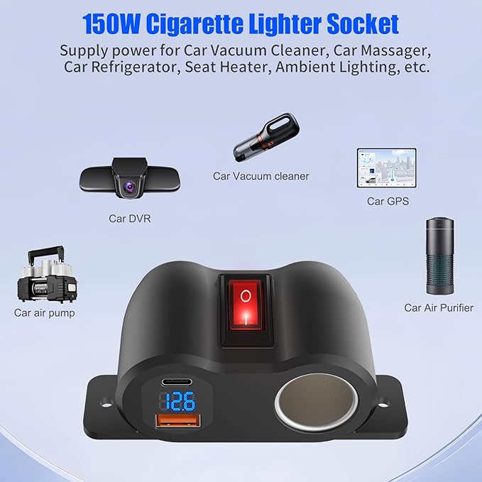 2-in-1 Surface Mount 12V USB Outlet Cigarette Lighter Socket, PD 30W and QC18W Car USB Port Car Charger with Button Switch LED Voltmeter and 120W Socket, Suitable for Cars, Boats, RVs and ATVs
