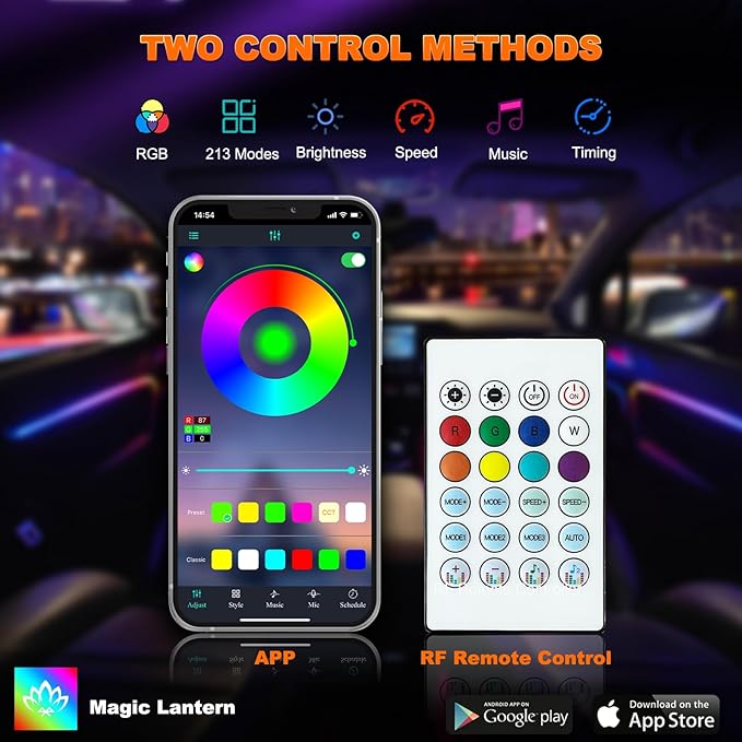 Interior Car LED Strip Lights, Acrylic LED Lights for Car with Dynamic Dreamcolor Chasing, Ambient Lighting Kits Music Sync Wireless APP and RF Remote Control (43.5+14.5'')