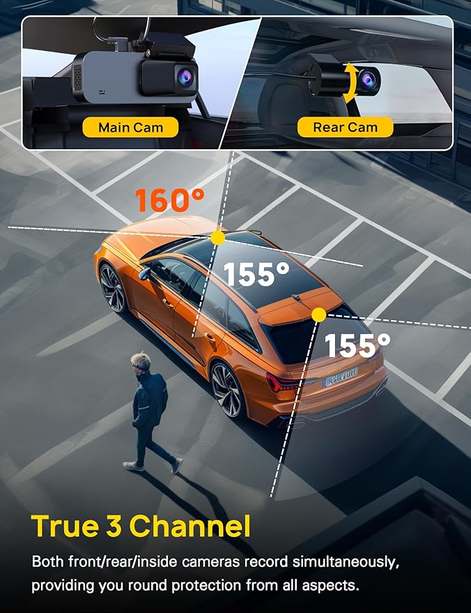 3 Channel 4K Dash Cam Front and Rear Inside, Built-in 5G WiFi, 4K+1080P+1080P Dash Camera for Cars with 64GB Card, Dashcam with Loop Recording, G-Sensor, 24H Parking Monitor, Silver