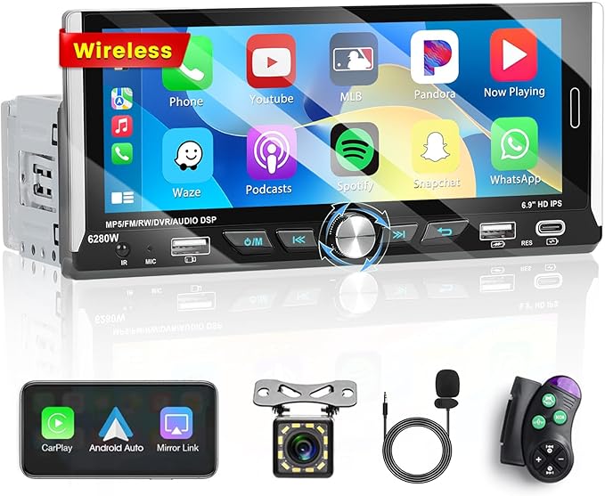 6.9 Inch Single Din Car Stereo with Wireless Carplay Android Auto, HD Touchscreen Radio Receiver with Bluetooth5.0 Audio FM/RDS EQ SWC Mirror Link USB/Type-C Port Backup Camera