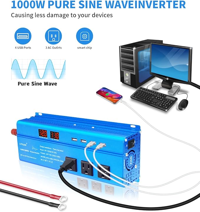 LVYUAN 1000 Watt Pure Sine Wave Inverter 12V to 110V 120V DC to AC with LED Display, 3 U.S. Outlet, USB Charger Ports, Car Power Inverter for Vehicles, RV, Outdoor, Home