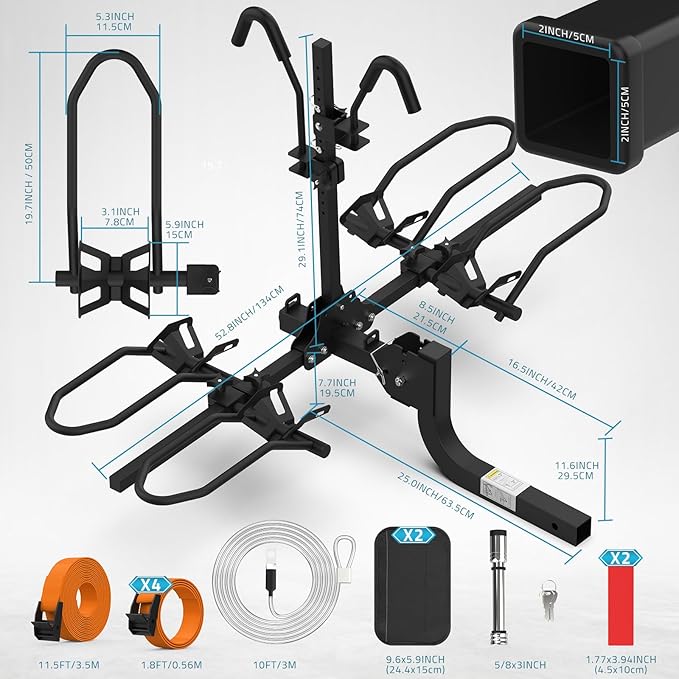 PAULINN Ebike Rack for Tow Hitch, Heavy Duty 2 Bike Folding Bicycle Car SUV Racks for E Bike,Fat Tire and Standard, 2" Hitch Receiver, 200 LBS