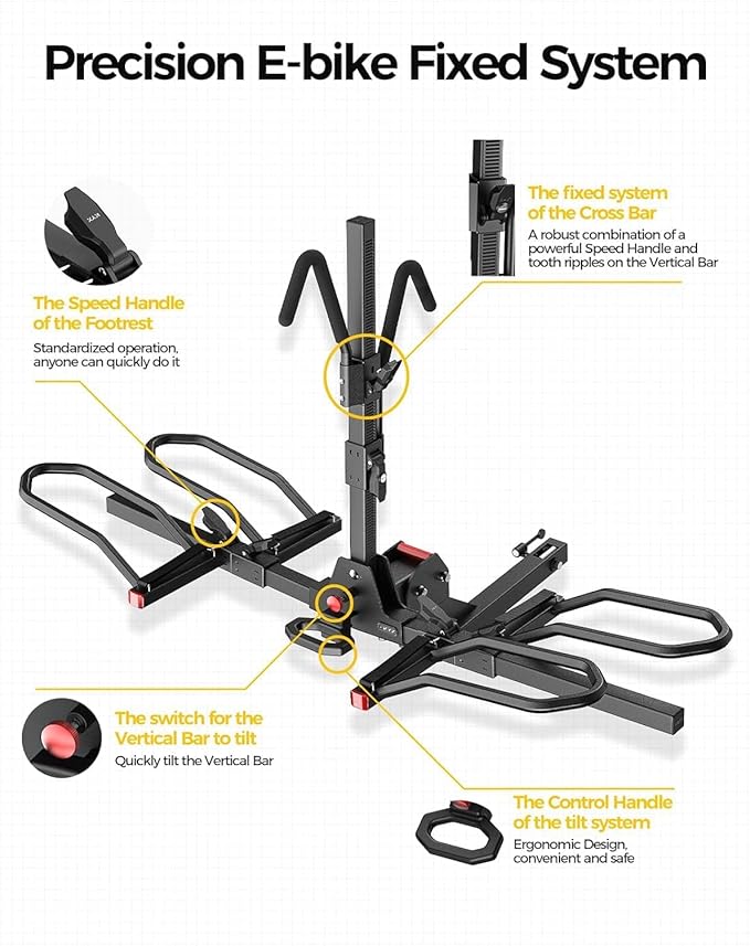KYX 220 lb Hitch Mounted E-Bike Rack, 2-Bike Rack Hitch Mount Platform Style for Cars Trucks SUVs Minivans, fits MTB Gravel Road Bike with Up to 5-inch Fat Tire Carrier Rack - 2" Hitch Receiver