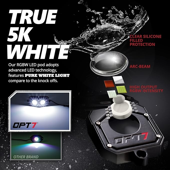 OPT7 Quantum Pro RGBW LED Rock Lights with Bluetooth APP and Remote Control, 4 Pods Wide Angle Multicolor Neon Underglow Lighting Kit with Extension Wire, IP68 Waterproof for Offroad Truck ATV UTV SUV