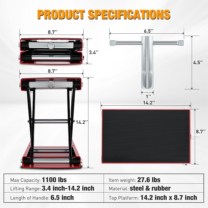 Nilight Motorcycle Lift Jack 1100 LBS Scissor Jack Stand Lift from 3.4" to 14.2" with Wide Deck Crank Handle Steel Scissor Hoist Garage Repair Lifter Table Jacks for Motorcycles ATV Dirt Bike, Red
