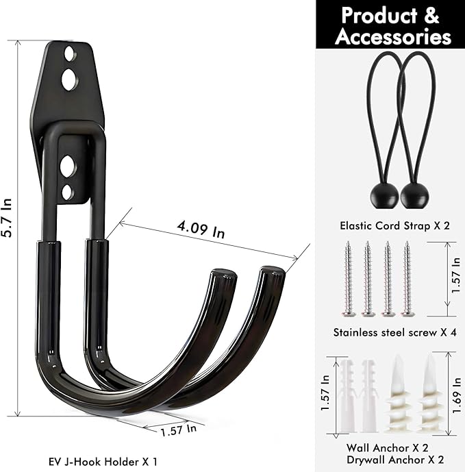 Tesla Charger Holder Wall Mount EV Charger Holder, Tesla Charging Cable Organizer J1772 J-Hook Cord Hanger for All Electric Vehicle Mobile Connector Organizers