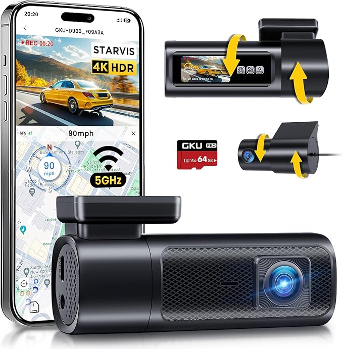 GKU Dash Cam Front and Rear, 4K 60fps＋2.5K Dashcam,STARVIS Sensor, HDR, 5G WiFi GPS, 24H Parking Mode, Night Vision, 170°Wide Angle, Dash Camera for Cars with 1.47 Display, 64G SDcard (Black)