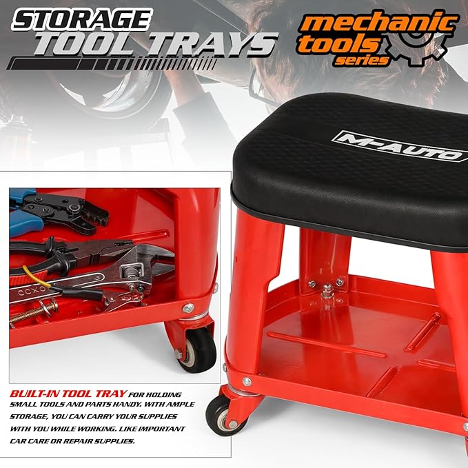 M-AUTO Heavy Duty Garage Rolling Work Seat 300LBS Capacity Mechanics Stool with Wheels, Rolling Work Seat with Equipment Tray and Tool Rack, Rectangle Seat Mechanic Roll Chair, Red
