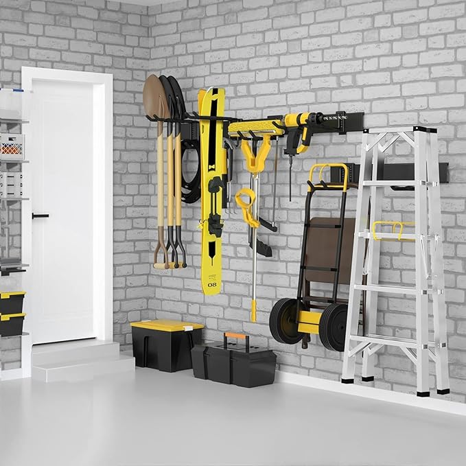 64 Inches Garage Storage, Garage Organization, Wall Mount Garden Tool Organizer, Max 620lbs Adjustable Metal Hooks, Yard Shed Rack, Tool Holder for Hanging Rake Broom Mop Snowboard, Home Gift
