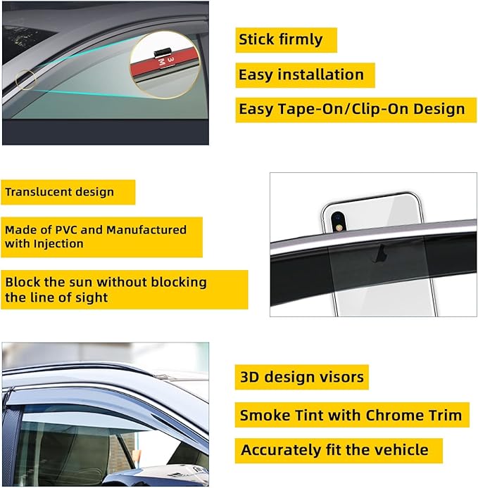 4pcs Smoke Tint With Chrome Trim Outside Mount Tape On/Clip On Style PVC Sun Rain Guard Window Visors Compatible with 2013-2018 Altima 4-Door Sedan