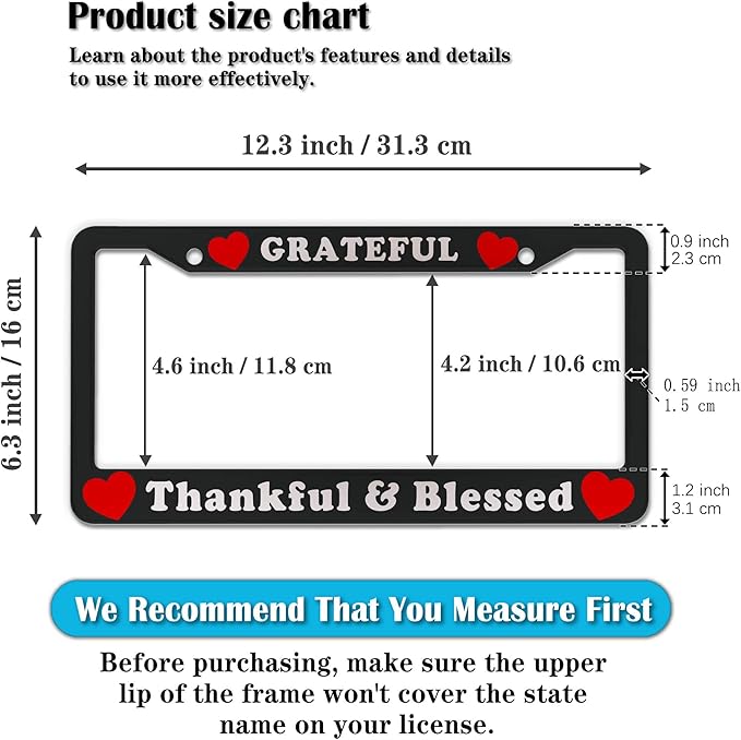 License Plate Frames Black, White, and Red License Plate Cover Grateful Thankful and Blessed Universal Aluminum Car Accessory 2 Pack with Screw Covers Set