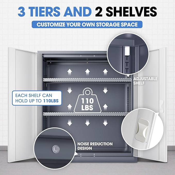 DNA MOTORING 36'' Metal Storage Cabinet, Locking Tool Cabinet with 2 Doors and 2 Adjustable Shelves, Heavy Duty Metal Locker for Garage,Office,Home,Gym, Gray White, TOOLS-00631-GY-WH-A