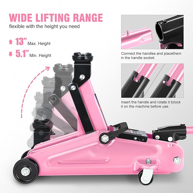 DNA MOTORING Low Profile Hydraulic Trolley Service/Floor Jack, 2 Ton (4000 lbs) Capacity, Lifting Range 5.1"-13", Pink, TOOLS-00474-PK