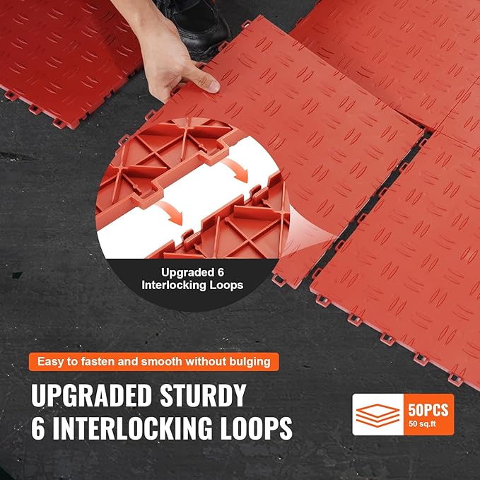 VEVOR Interlocking Garage Floor Covering Tiles, 50 Pack, 12 x 12 x 0.53 inch, Double-Sided Texture, Non-Slip, Red