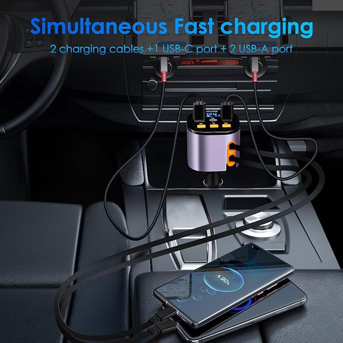 Retractable Car Charger,5 in 1 Fast Car Phone Charger 90W,Bluetooth 5.3 FM Transmitter Adapter,Handsfree Call,2 Retractable Cables and USB Cars Chargers for iPhone 15/14/13 (Purplr)