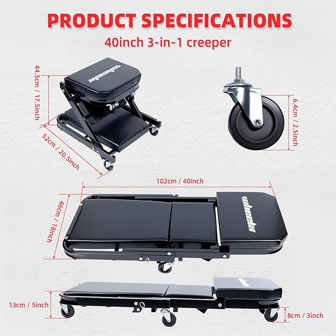 Mechanic Creeper 40inches 3-in-1 Z Seat 480lbs Capacity, Foldable Garage Chair Adjustable Rolling Black with 6pcs Wheels Roller, Lay Down Sit Lean Back, Under Car Shop Auto Repair, Man Gift