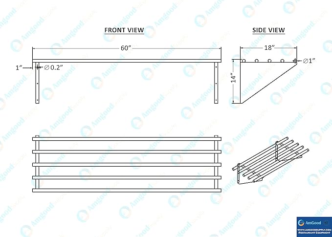 AmGood 18 in. x 60 in. NSF Stainless Steel Tubular Wall Shelf | Heavy-Duty Metal Shelving for Appliances & Equipment | Ideal for Kitchen, Restaurant, Garage, Laundry, Utility Room