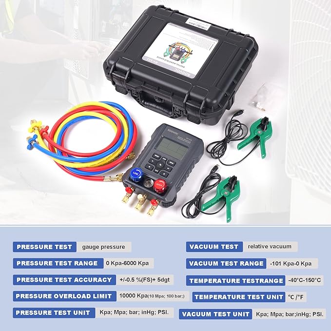 Digital Manifold Gauge, HVAC Refrigerants Digital AC Gauges Set with 2 Thermometer Clamps and 3 Hoses, for R22/R410A/R134A/1234YF Refrigerant Recharge Kit