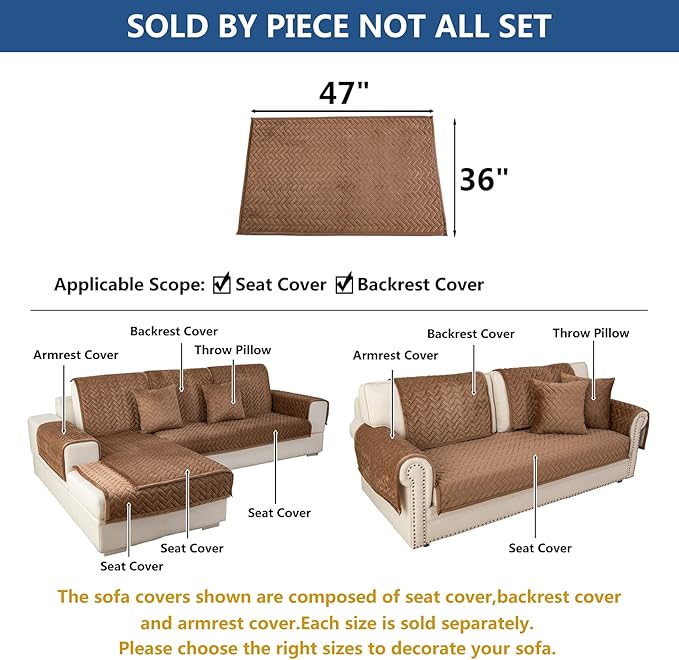 Eismodra Couch Cover,Sectional Couch Covers,Sofa Covers for 3 Cushion Couch,Anti-Slip Sofa Slipcovers for Dogs Cats Kids Loveseat Recliner L Shaped Armrest Backrest,Brown 36''x47''(Only 1 Piece)