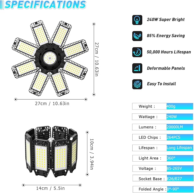 Garage Light - 240W 24000LM 6500K Garage Lights Ceiling LED with 8+1 Deformable Panels, E26/E27 Screw Socket in LED Shop Light for Workshop, Basement, Gym, Barn, Warehouse etc Bay Lighting