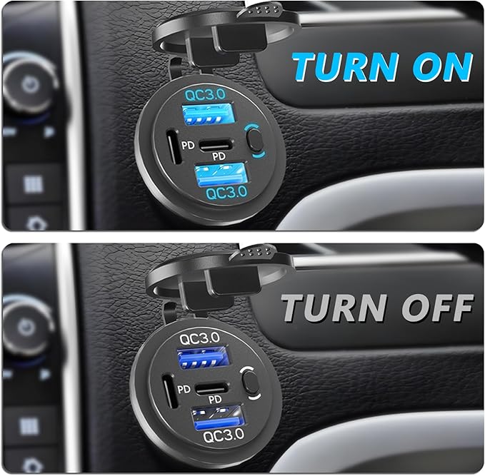 2PCS,Dual PD USB C Ports & Dual USB Quick Charge 3.0 Ports 12V USB Outlet with Switch, VANONE Waterproof and Dustproof Car Charger Socket, Accessories for Car Boat Marine Motorcycle RV ATV Golf Cart