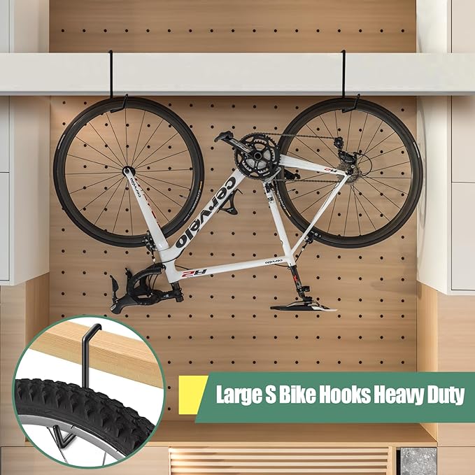Bike Hooks for Garage 6 Pcs Ceiling Bike Hangers, Steel Metal Large Hook with Non Slip Coating, Storage Organizer Bicycle Hooks for Hanging Ladder Plants Chairs Sport Equipment (Black)
