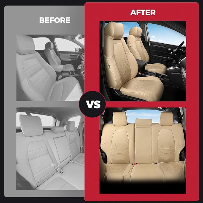 FREESOO CRV Seat Covers Full Set, for Honda CRV LX EX EX-L Sport Touring Hybrid 2017 2018 2019 2020 2021 2022, Custom Fit Seat Covers, Waterproof Leather Car Seat Covers, Beige