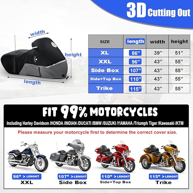 Motorcycle Cover 420D Heavy Duty All Season Universal Weather Waterproof Outdoor Protection 86" XL Vehicle Cover/Black/Gray