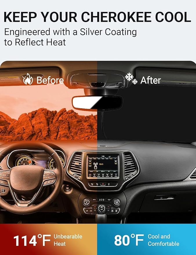 Proadsy for Jeep Cherokee 2014-2024 2025 (Not for Jeep Grand Cherokee) Windshield Sun Shade 4-Layer Foldable Front Sunshade Protector Sun Visor Blocks UV Rays Keep Car Cooler