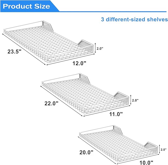 TORACK Wall-Mounted Storage Shelves, Mixed-Size Garage Wall Shelving for Closet & Laundry Room, Heavy-Duty Floating Shelf Holds Up to 65 lbs(White)
