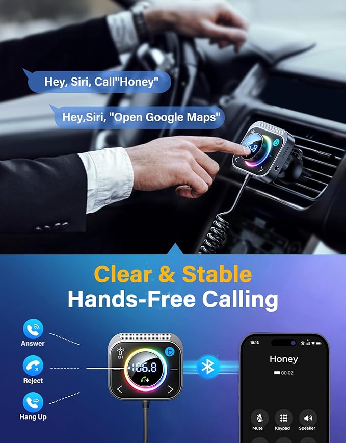 JOYROOM 66W Bluetooth 5.4 Car Adapter Aux with 3 Charging Ports【PD 30W & 2 * 18W】【Air Vent Installation for Safe】 Deep HiFi Bass Player Wireless Radio FM Transmitter for Car with Colorful LED Light