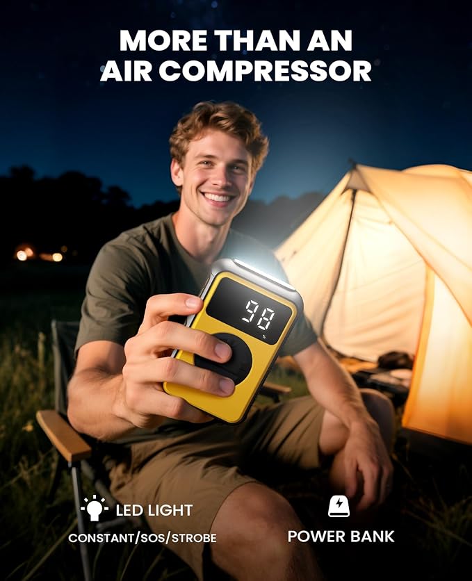 Tire Inflator Portable Air Compressor, Dual Pressure-150PSI High Pressure Mode & 4.0 kPa Large Volume Mode For Car, Bicycle Tires, Air Mattresses and Inflatables