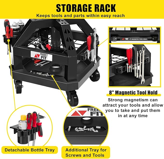 Rolling Shop Stool for Garage with Casters, DO02-Adjustable Height 360° Swivel Shop Seat with Tool Tray Storage, 330 LBS Capacity Padded Mechanic Stool, Magnetic Tool Hold, Heavy Duty, Black