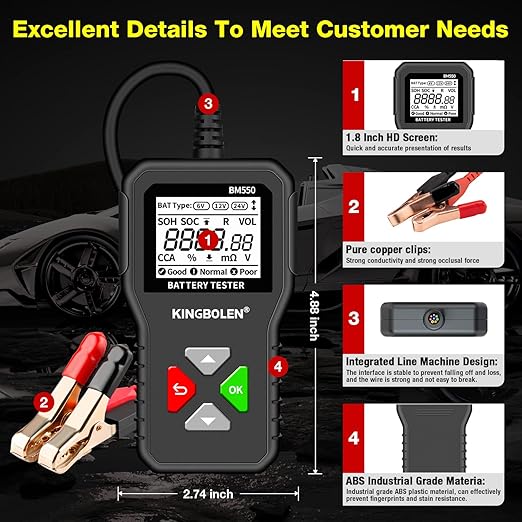 KINGBOLEN BM550 6V 12V 24V Car Battery Tester, 100-2000 CCA Voltage Tester 2Ah-220Ah Internal Resistance Tester Accurate Digital Auto Battery Analyzer for Cars Trucks SUV ATV Boats Motorcycles Vehicle