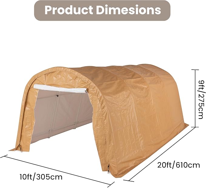 SUNBURY Carport, 10x20 FT Heavy Duty Canopy, Portable Garage with All-Steel Metal Frame & Double Zipper Doors, Round Style Outdoor Storage Shed for Car, Truck, Boat, Patio Furniture, Brown