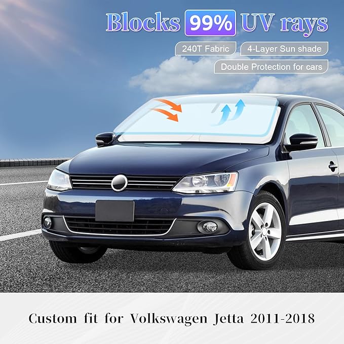 Sun Shade Sunshade for VW Jetta Windshield Cover, 4-Layer Front Window Shade Custom fit Volkswagen Jetta 2011-2018 Sun Visor 240T Retractable Shade Shield Blocks UV Rays Cooler Car Accessories