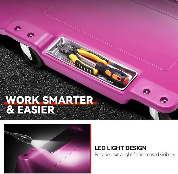 Auto Dynasty 40 Inches Mechanic Creeper, Automotive Garage Repair Low Profile Under Car Rolling Creeper with LED Light and Padded Headrest, Plastic, Purple