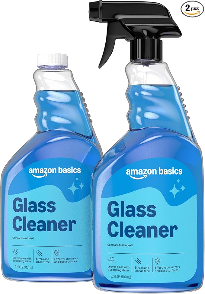 Amazon Basics Glass Cleaner, 32 Fl Oz, Pack of 2 with 1 Sprayer