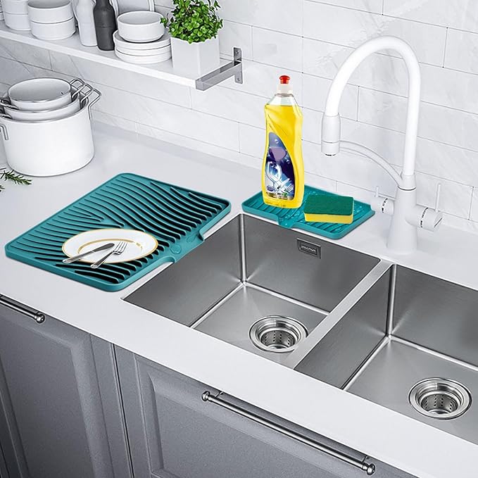 Silicone Dish Drying Mat for Kitchen Counter, Dish Drying Pad, Non-Slip Drain Pad with Built-in Drain, Heat Resistant Stone Drying Mat, 3 pcs (Green)