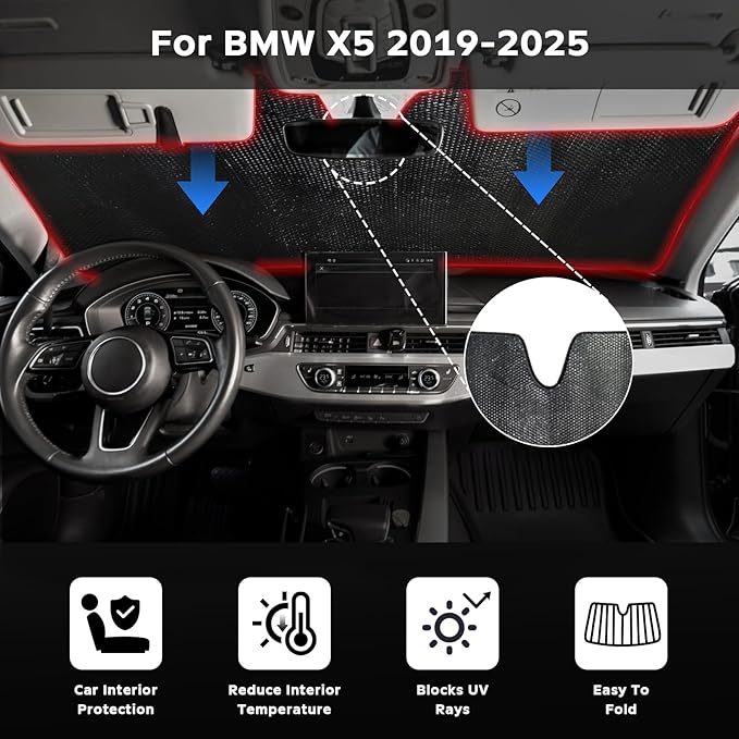 Windshield Sun Shade for BMW X5 2019-2025 - 5-Layer Bubble Foldable Front Window Shade Sun Visor Accessories - Blocks Heat & UV Rays