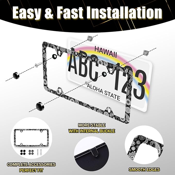 Black and White Paisley License Plate Frame Boho License Plate Holder Stainless Steel Funny Design with 4 Holes and Screws 12.3" x 6.3"