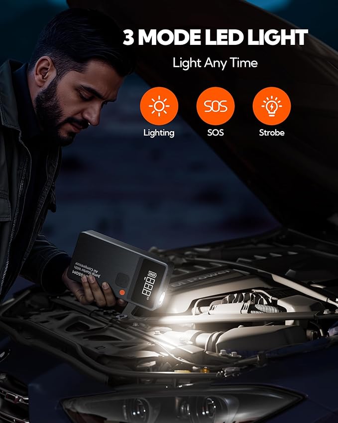 Car Battery Jump Starter with Air Compressor,44.4Wh Battery Jump Box with Tire Inflator,Car Jump Booster with Smart Jumper Cables,LED Light Emergency Car Kits for Vehicles,Arrancador Ae Batería