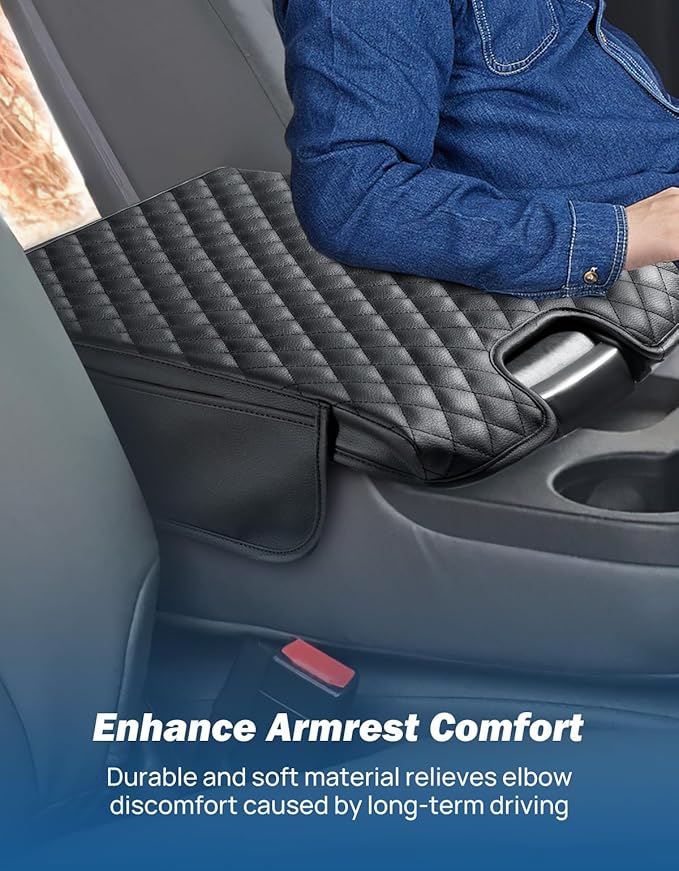 JOYTUTUS Center Console Cover Compatible with 2013-2018 Ram 1500 & 2013-2025 Ram 2500/3500/1500 Classic Model Jump Seat, Leather Arm Rest Armrest Cover for Car, Middle Console Cover Lid, with 2 Pocket