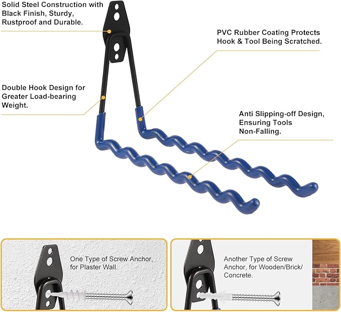 Wall Mounted Garage Hooks Tool Organizer, 10 Inch Garage Storage Hook Heavy Duty Utility Wall Hangers Blue for Ladders, Hose, Garden Tools, Set of 4