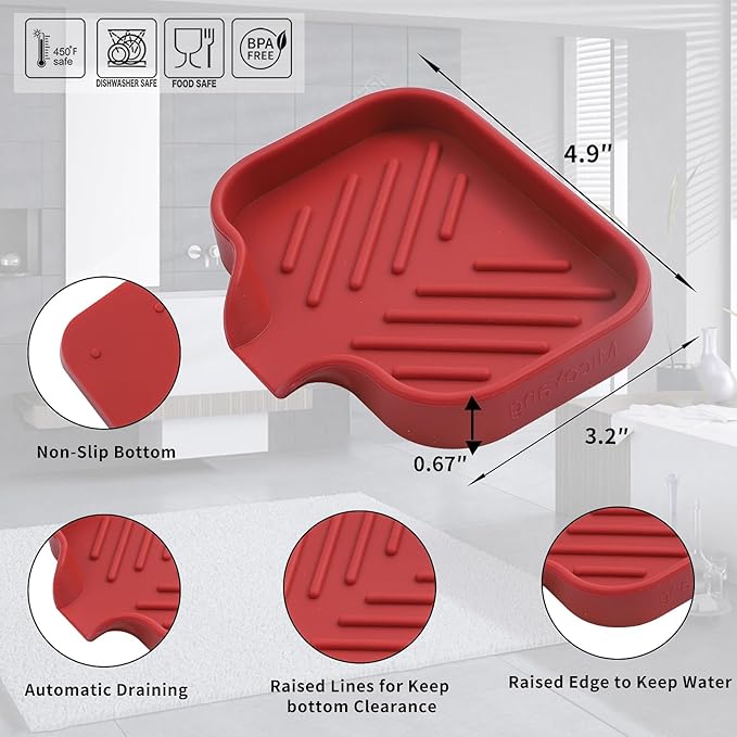 Silicone Bathroom Soap Dishes with Drain Spout-Bathroom and Kitchen Sink Organizer,Sponge Holder,Dish Soap Tray,Perfect for Dispenser,Scrubber,Bottle,Cup on Sink or Counter-Red 4.9"×3.2"
